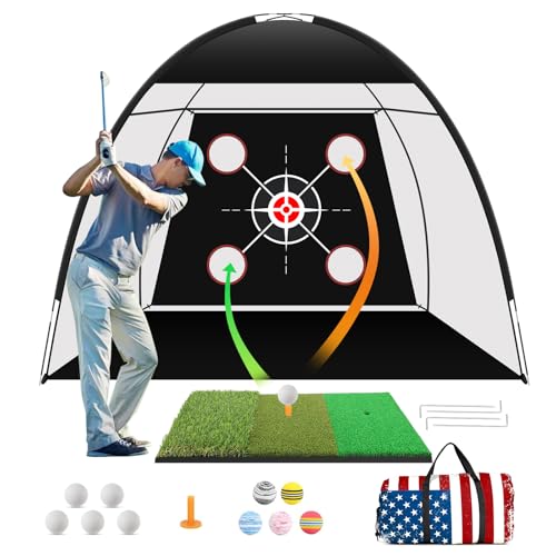Golf Net Practice 10X7Ft With Tri-Turf Mat &Amp; Real Balls Set Indoor Outdoor Golf Training Equipment For Backyard Driving Practice Enthusiast Gifts
