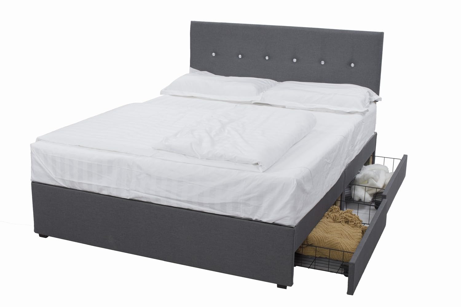Panana Platform Bed Frame with/without Storage Drawers & Height Headboard, Grey Linen Fabric Divan Bed, Mattress Foundation with Metal Slats (5FT King, with Crystals Headboard, 2 Drawers)