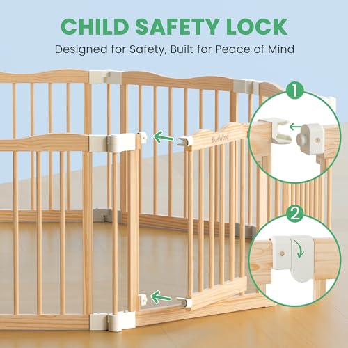 Image of Foldable Wooden Playpen - Adjustable Wood Baby Play Yard with Door, Indoor Large Safety Fence for Babies and Toddlers - Easy Assembly, Natural, 79 x 53 x 24 inches