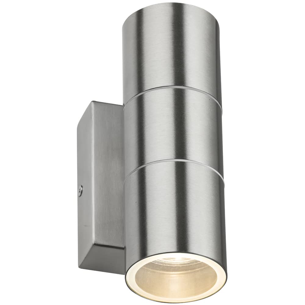 Modern External Exterior Up Down GU10 IP54 Rated Outdoor Security Wall Mounted Light Dusk to Dawn Photocell Sensor Mains 240V Brushed ChromeFinish