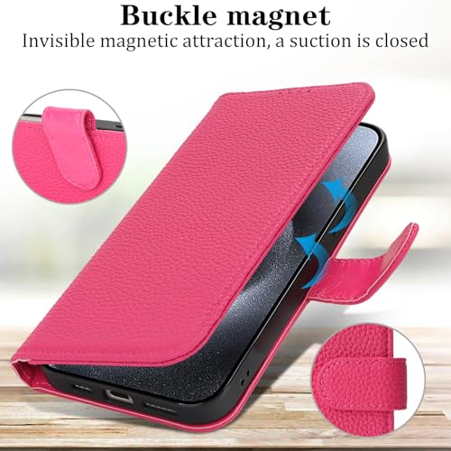Coque iPhone 15 Pro en cuir véritable rouge rosé, étui flip luxe anti-RFID - 6