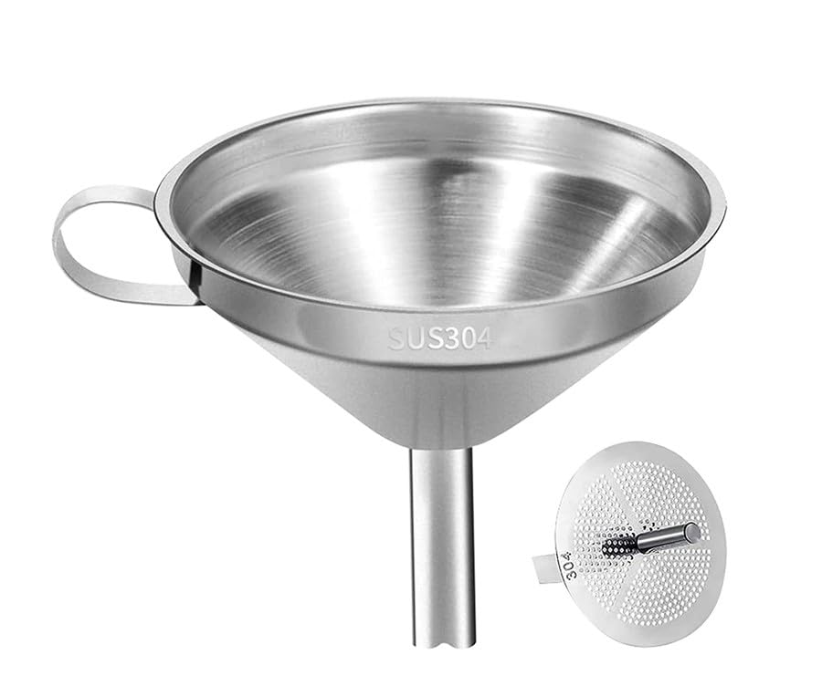13 CM / 5.1"inch 304 Grade Stainless Steel Funnel Food Grade Metal Funnel with Strainer for Filling Bottles Transferring Essential Oils, Liquid, Fluid, Dry Ingredients & Powder