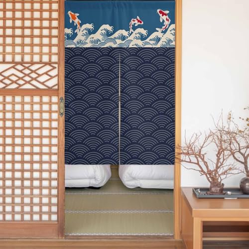 のれん ドアカーテン 透けない 遮光 幅75p×丈200cm 間仕切り ロッドポケット 断熱 防音 厚地 UVカット 保温 節電対策 装飾 玄関 ドア 寝室 暖簾 おしゃれ 目隠し 和風 波紋 波 金魚 紺色 洗濯機対応