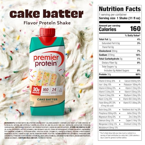 Image of Premier Protein Shake, Cake Batter, 30g Protein, No Added Sugar, 24 Vitamins & Minerals to Support Immune Health, 11 fl oz, 4 Pack
