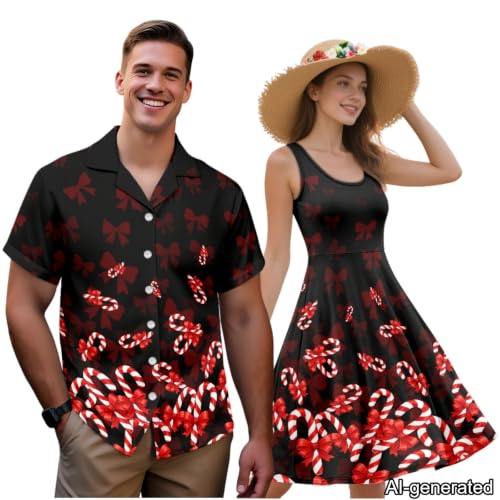 Image of Dreaweet Summer Dresses for Women A-Line Sleeveless Flowy Sun Dresses,Men's Casual Button-Down Shirts,Couple Matching Outfits