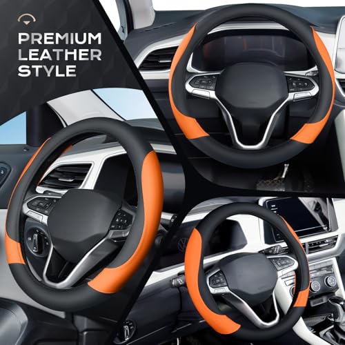 Image of Coverado Car Steering Wheel Cover, Nappa Leather Black & Orange Steering Wheel Covers for Women, Universal 14-15 inch, Anti-Slip, Breathable Steering Wheel Protector