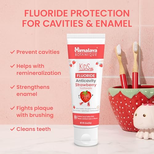 Image of Himalaya Botanique Kids Fluoride Anticavity Toothpaste, Strawberry, 4 oz | Kids Toothpaste with Fluoride To Help Fight Cavities - Vegan, SLS Free, No Artificial Colors or Flavors, No Titanium Dioxide
