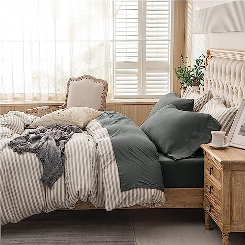 PURE ERA Jersey Knit 4pc Bed Sheet Set 100% T-Shirt Cotton Super Soft Comfy Breathable Fits Mattress Up to 20" Extra Deep Pocket (Solid Dark Greenish Gray, Queen)