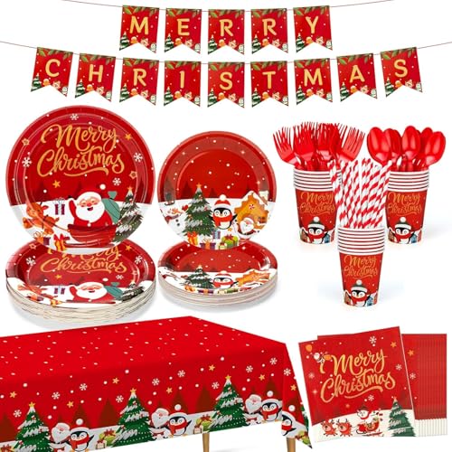 Christmas Paper Plates and Napkins, Christmas Party Supplies Disposable Dinnerware Set, Includes Heavy Duty Paper Plates, Napkins, Cups, Tablecloth, Cutlery and Banner for Xmas Decorations, Serve 20