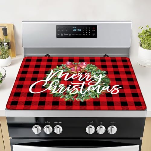 Image of Christmas Stove Top Cover for Electric Stove, 20x28 In Red Plaid Stove Covers Xmas Stove Mat Winter Heat Resist Gas Range Mat Induction Kitchen Decor Cooktop Protector Pad