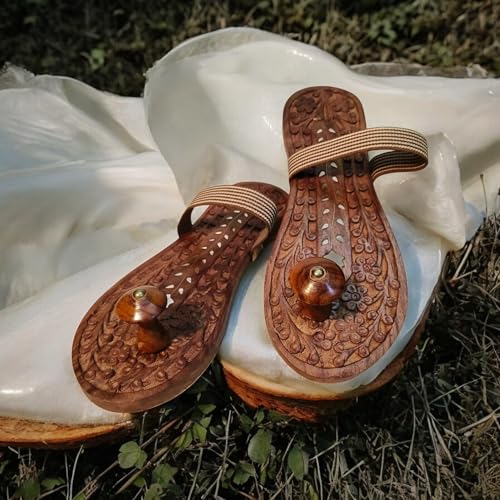 Image of Khadau Chappal for Men | Wooden Charan Paduka for Puja, Wearable Wooden Chappal Eco-Friendly (Rosewood) (7 UK, Brass-Carve)