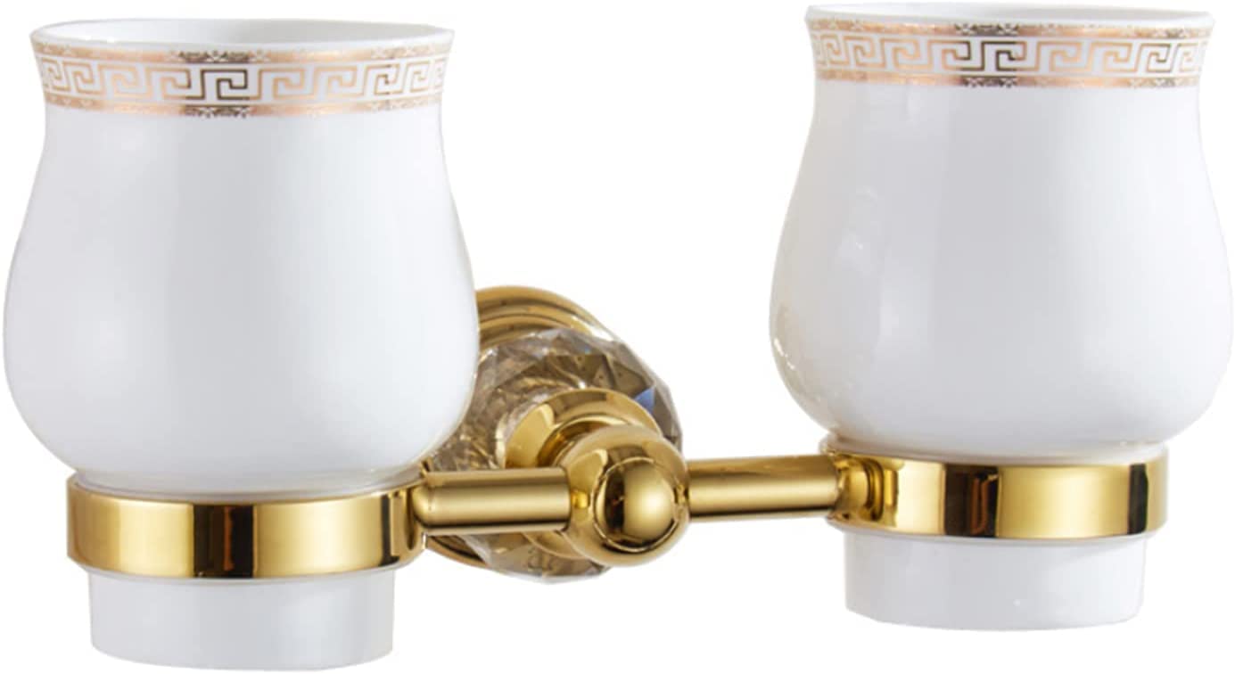 Portavasos para cepillos de dientes， Juego de portavasos doble for cepillo de dientes, soporte for vaso de cepillo de dientes de montaje en pared de estilo europeo, decoración dorada con 2 tazas de ce