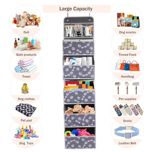 Dog Toy Basket - 5-Shelf Hanging Organizer with 2 Metal Hooks, 5 Pockets for Dog Leash, Harness, Toys & Treats - 62.5''(H) Bone Claw Print - Image 4