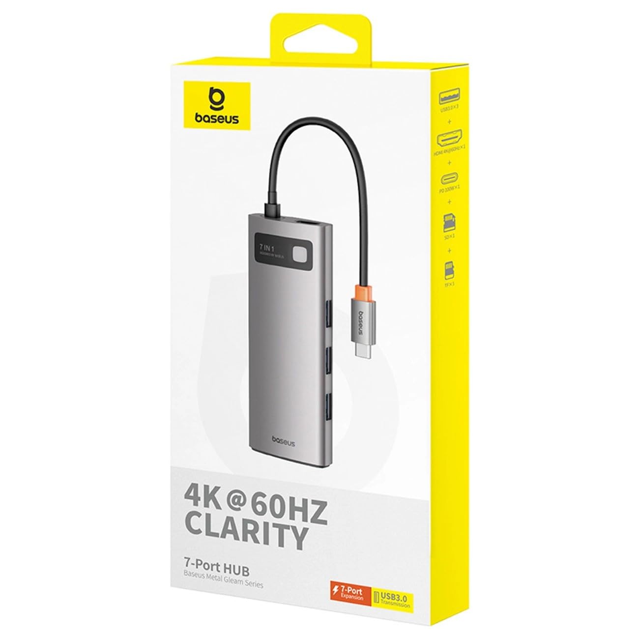 Baseus Metal Gleam Series 7-portowy HUB Space Grey (typ C na HDMI4K @ 60Hz x 1 + USB 3.0 x 3 + PD x 1 + SD/TF x 1)