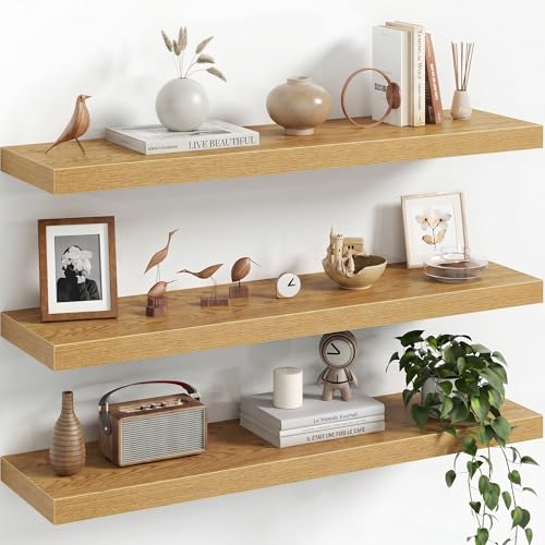 Image of Fun Memories 32Inch Floating Shelves for Wall, 8 Inch Deep Shelves for Bathroom|Bedroom|Kitchen Wall Mounted, Wood Hanging Shelf with Invisible Brackets for Home Storage Decor, Oak - 3 Pack