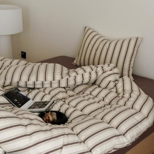 Image of Brown Striped Duvet Cover Twin Size Beige Brown Strips Duvet Cover Set Vintage Retro Vertical Striped Soft Lightweight Microfiber Bedding Set with Zipper Closure and 1 Pillowcase