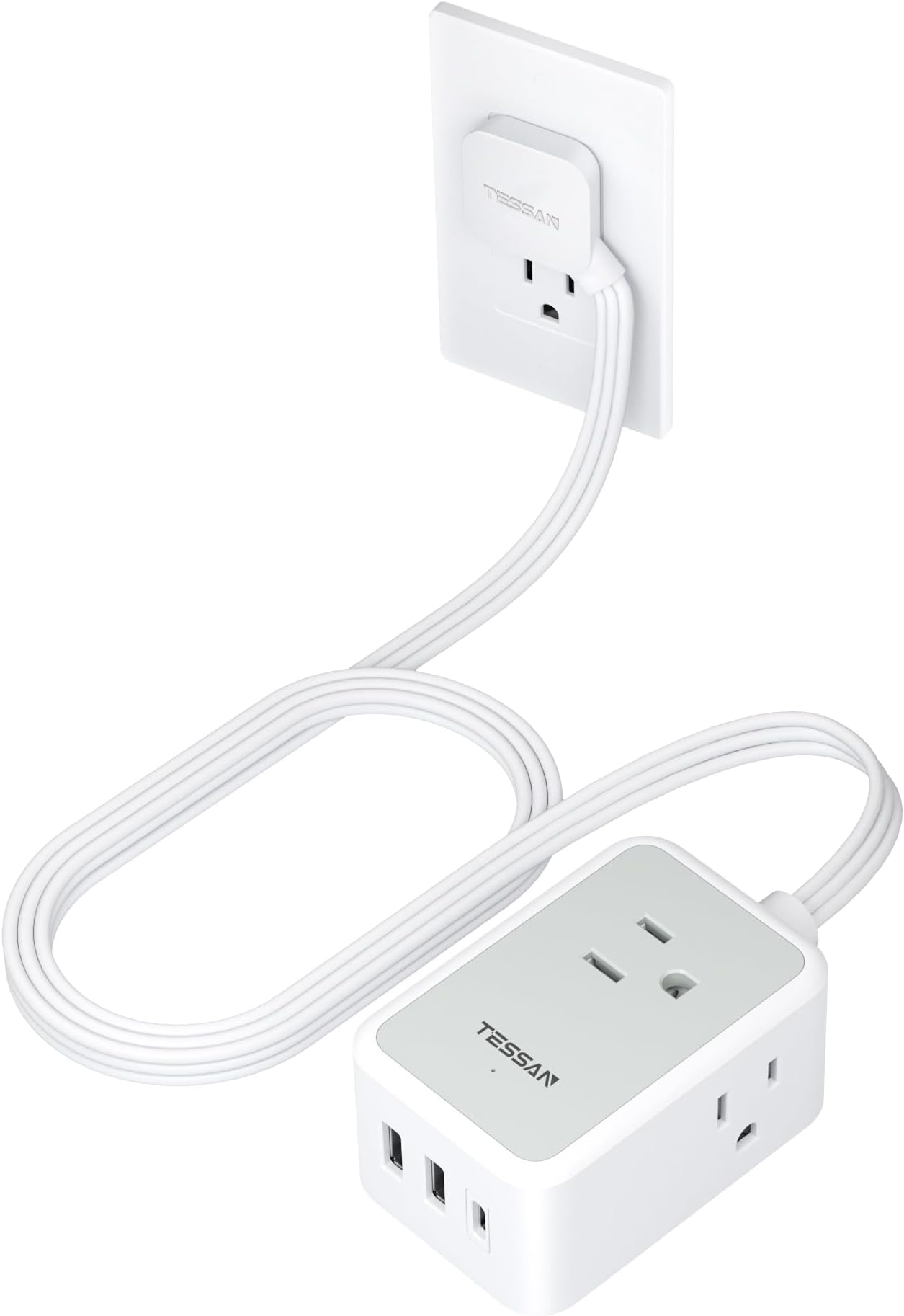 TESSAN Small Flat Plug Power Strip, Ultra Thin Extension Cord 5 ft, 3 AC Outlets with 3 USB Ports (1 USB C), Multiple Wall Outlet Extender for Cruise Travel Office School Dorm Room Essentials