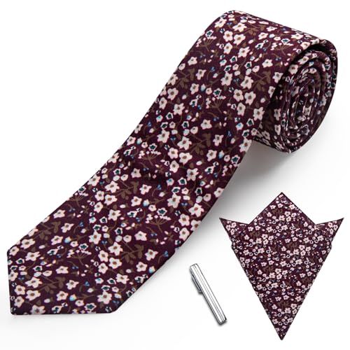 Image of YourTies Cotton Floral Tie for Men 2.5 inch Printed Skinny Necktie Pocket Square Tie Clip Set Flower Wedding Party Groom