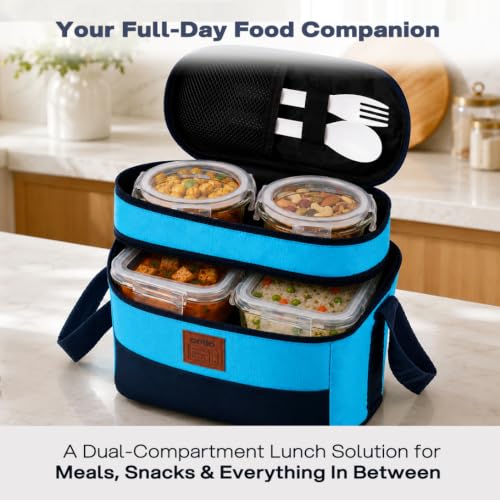 Image of CELLO All Day Meal Glass Lunch Box for Office Use Sky Blue | 2 x 320ml Square, 1 x 240ml Round, 130ml Oval Containers with Spoon & Fork, Leadfree Leak Proof Airtight Glass Tiffin Box Set for Travel