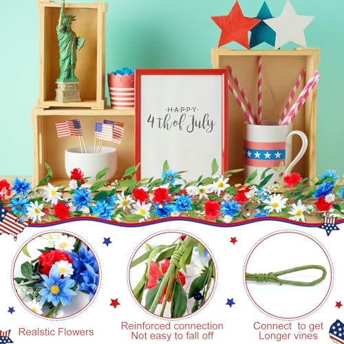 Image of XunYee 2 Pcs 6 ft 4th of July Patriotic Garlands for Mantle, Red White Blue Flower Garland Decorations for Memorial Day 250th Anniversary Independence Day Mantel Door Table Fireplace Tree Stairs