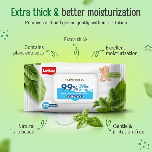 Image of LuvLap Plant Based 99% Pure Water Baby Wipes, 72 Count (Pack of 3), Extra Thick Unscented with Aloe Vera & Vitamin E, pH Balanced, Paraben Free, Ideal for Delicate Skin, Dermatologically Tested