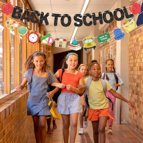 Image of Glitter Back to School Banner First Day of School Garland Colorful Glittery Pencil Apple Classroom Decorations for Teacher Preschool Classroom Office Home Decor Photo Backdrop Party Favors