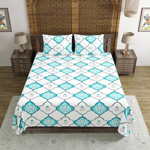 Image of BLOCKS OF INDIA Hand Block Printed 200 TC Cotton King Size Bedsheet | MUGHAL Turquoise