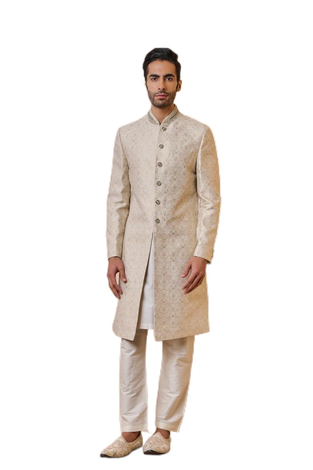 tasva Ivory Brocade Sherwani With Embroidered Collar For Men-picture-31