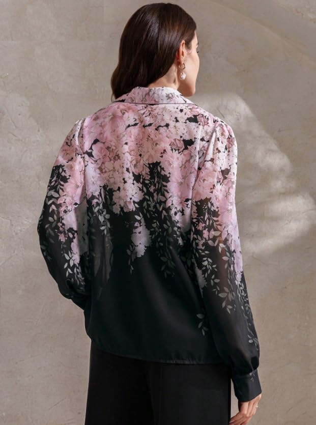 Image of Women Shirt || Women Top ||Autumn Leaves Print Polo Collar Shirt, Casual Long Sleeve (S-22-25)
