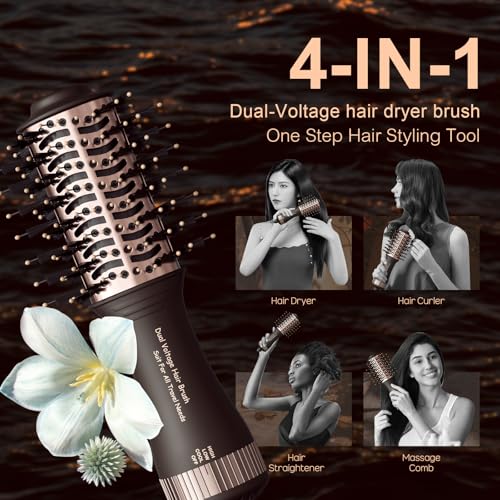 Image of Travel Dual Voltage Hair Dryer Brush 4-in- 1,Portable Mini Hot Air Blow Dryer Straightener & Curler Brush,Titanium Oval Blowout Styler Volumizer Tools-Dark Chocolate