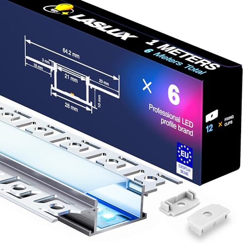 LASLUX 6x Profilo Alluminio per Strisce LED Cartongesso1M (6mt) - Canalina per Striscia LED con Copertura Opaca - Dimensioni 28 x 13.8mm - Compatibile con Strisce LED fino a 21mm (Z44-1M, 6)