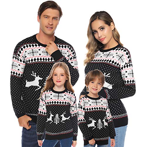 Abollria Women's Patterns Reindeer Snowman Tree Snowflakes Christmas Sweater Cardigan Black,Kid 8T (7-8 Years Old)