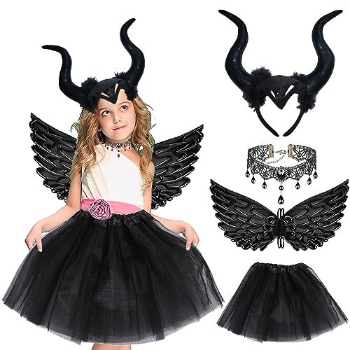 Byhsoep Disfraz Malefica Cuernos, Alas, Falda y Collar - Disfraces Niñas para el Carnaval, Cosplay y Fiesta de Halloween