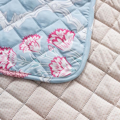 Image of House of Quirk 'Mughal Series' Printed Quilted Sofa Cover for 1 /2 /3 /4 Seater - Anti-Slip, Washable Couch Protector Slipcover (Three Seater, Gulshan Sky, 80x150 cm)