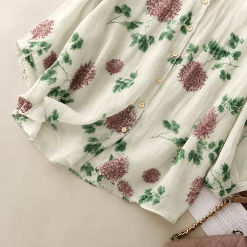 Image of Gufrina Women's Light Rose Floral Printed Button Down Shirt with Mandarin Collar and Relaxed Fit 3 /4 Sleeves