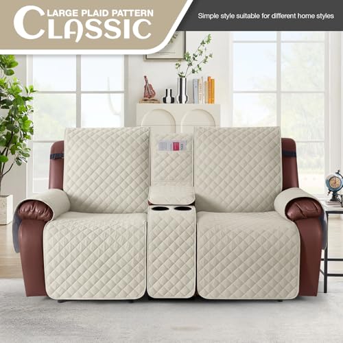 Image of KinCam 100% Waterproof Recliner Loveseat Cover with Console, Non-Slip Reclining Couch Covers for 2 Seat, Recliner Sofa Cover Furniture Protector with Elastic Straps for Kids, Pets, Ivory