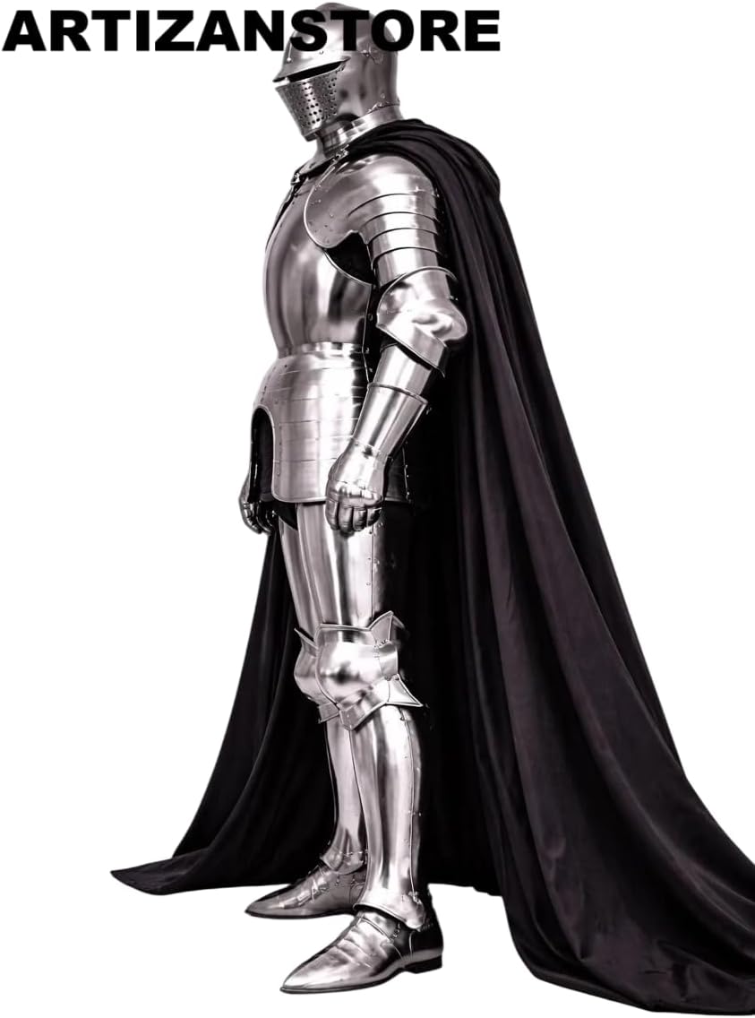 ARTIZANSTORE Medieval Full Plate Armor Suit with Black Cape – Handcrafted Steel Knight Armor Templar/Crusader Polish Finish Collectible Cosplay & Display