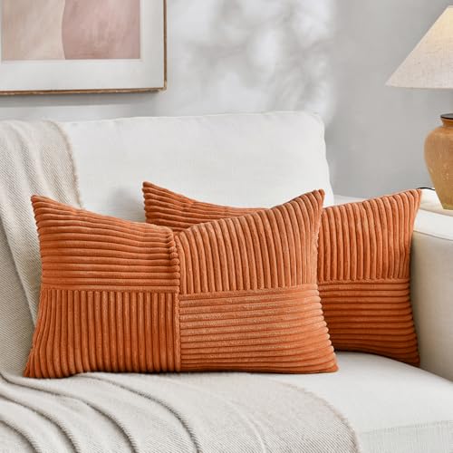 Image of Fancy Homi 2 Packs Burnt Orange Lumbar Decorative Throw Pillow Covers 14x24 Inch for Couch Bed Sofa, Farmhouse Boho Home Decor, Soft Striped Corduroy Rectangle Accent Cushion Case 35x60 cm