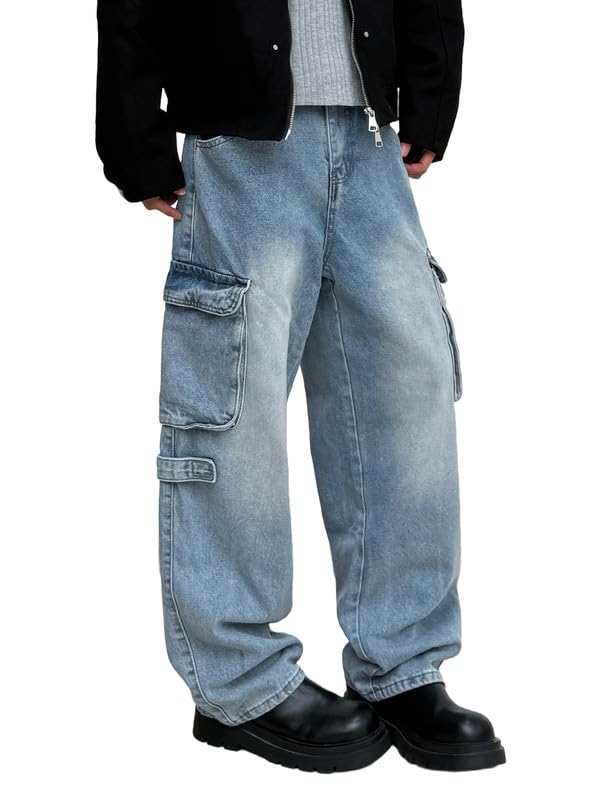LOGEQI Mens Baggy Cargo Jeans Wide Leg Hip Hop Jeans Streetwear