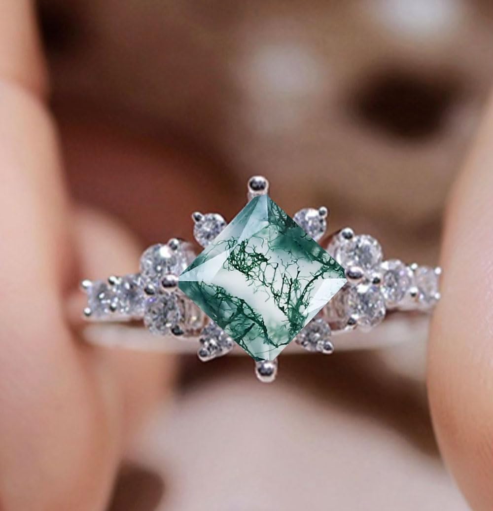 Blocaci Vintage Natural Moss Agate Engagement Rings for Women Pincess Cut 1CT Center Moss Agate Rings with Moissanite 925 Sterling Silver 10K 14K 18K Gold