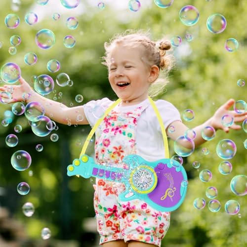 Image of Rechargeable Bubble Guitar Toy for Kids | Electric Automatic Bubble Machine Musical Guitar with Lights | USB Rechargeable Bubble Blower with Bubble Solution | Outdoor Summer Toy Gift for Kids