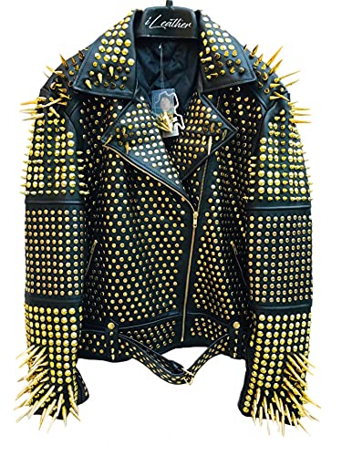 Women Punk Clothing Metal Rivet Steampunk Golden Spiked Genuine Handmade Leather Jacket (4XL, Black) steampunk buy now online Women Punk Clothing Metal Rivet Steampunk Golden Spiked Genuine Handmade Leather Jacket (4XL, Black) steampunk buy now online
