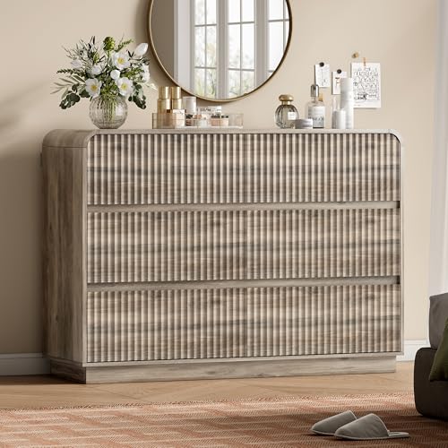 Image of Wodeer Grey Dresser Fluted 6 Drawers Dresser for Bedroom, 47 inch Wide Wood Chest of Drawers with Hidden Handles & Rounded Corners, Modern TV Stand Storage Cabinet for Living Room, Hallway, Entryway