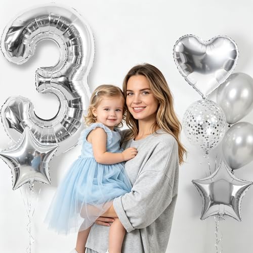 Image of TONIFUL 3rd Birthday Balloons Kit 40Inch Silver Large Number 3 Foil Balloon | with 18Inch Helium Mylar Heart Star Balloons for Kids Women Men Birthday Anniversary Graduation New Year Eve Party Decoration