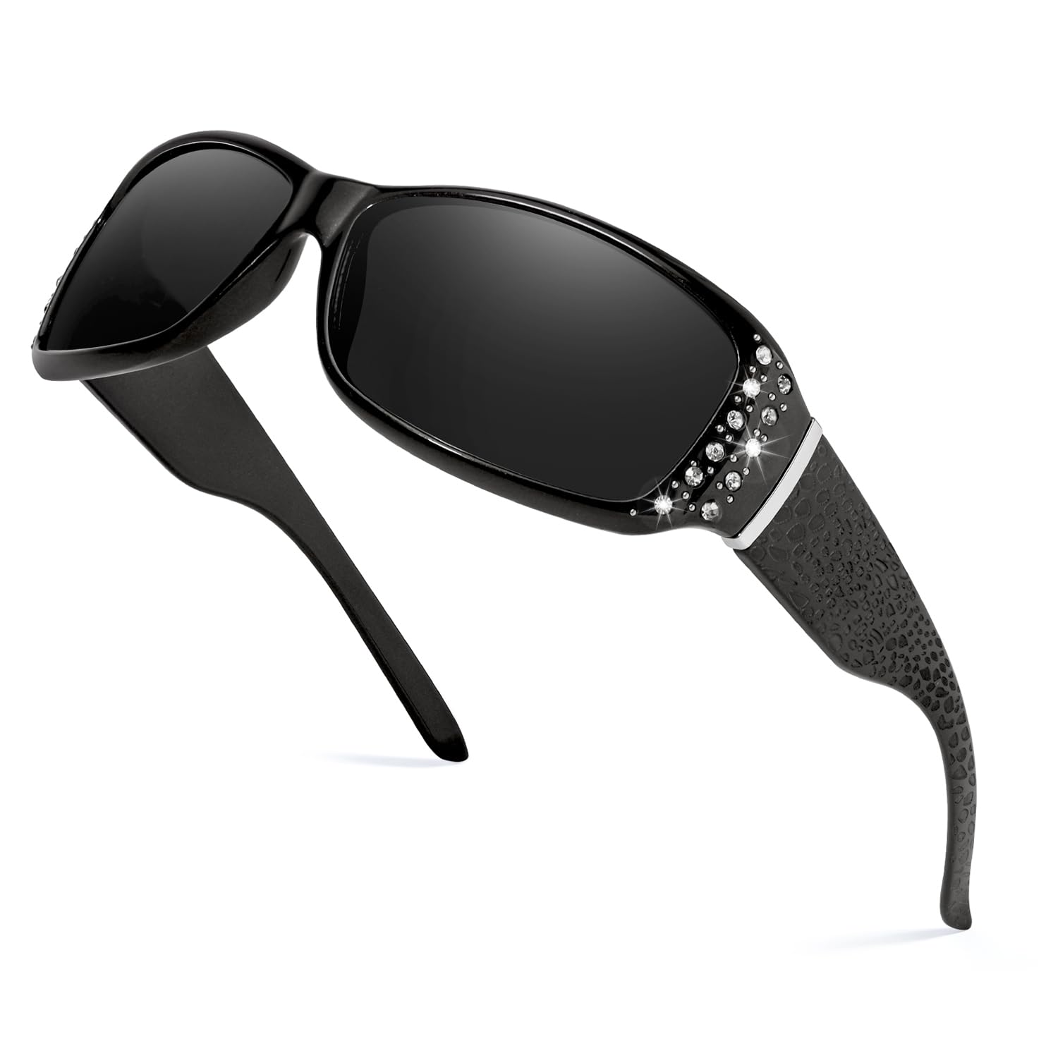LVIOE Polarized Sunglasses for Women Rhinestone Wraparound Design Sun Glasses Trendy Shades with UV400 Protection LS010
