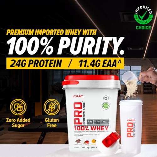Image of GNC Pro Performance 100% Whey Protein Powder | 8.8 Lbs : 4 KG (1 KG X 4 Flavour Pouches) + Bucket | 24g Protein | Chocolate Supreme | Kesar Pista | Mango Smoothie | Cafe Mocha | 5.5g BCAA | Boosts Strength & Endurance | Builds Lean Muscles | Fastens Muscle Recovery | Formulated In USA