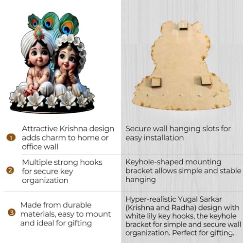 Image of Cute Radha and Krishna Wall-Mounted Key Holder, Decorative MDF Wood, 20x25 cm, 7 Hooks, UV Printed Design, Decorative Wooden Key Stand - Home & Office White & Black