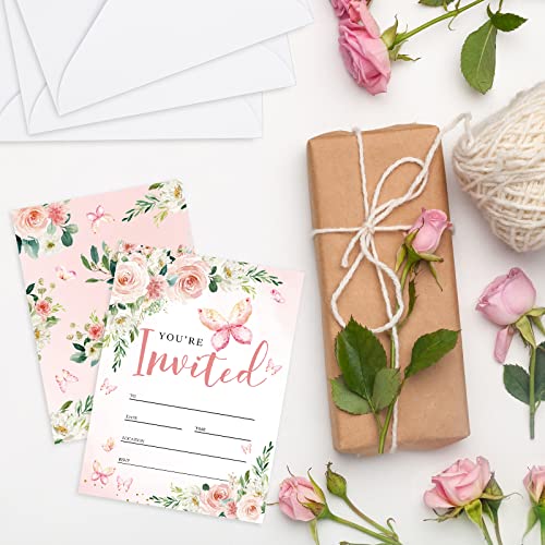 AnyDesign 20 Sets Butterfly Pink Floral Invitation with Envelopes Stickers 5 x 7 Inch Watercolor Flower Invitation Cards Blank Invites for Wedding Bridal Baby Shower Birthday Dinner Party - Thumbnail 6