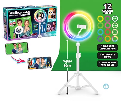 Studio Creator Video Maker Kit – White Edition | LED Ring Light, Adjustable White Tripod, Green Screen & Phone Holder | Create Videos for TikTok, YouTube, Instagram | Ages 8+