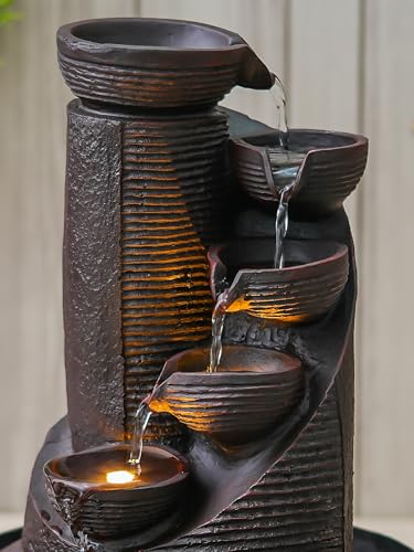 Image of CHRONIKLE Polyresin Black Designer Table Top Indoor 5 Artistic Steps Waterfall Fountain with Yellow LED Lights & Water Flow Controller Pump (Size: 41 x 25 x 25 CM | Weight: 1980 Gram | Color: Black)